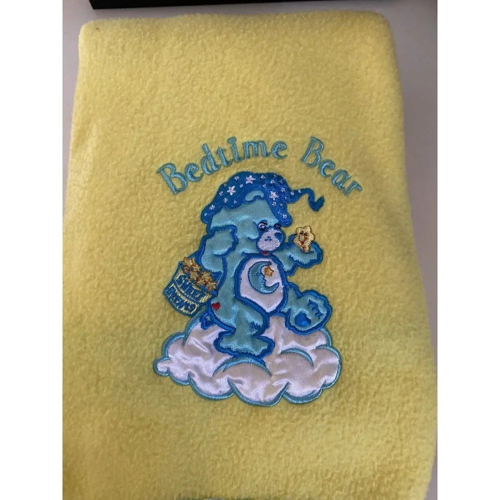 Vintage Care Bears Fleece Baby Blanket Bedtime Bear Sweet Dreams Yellow Blue EUC